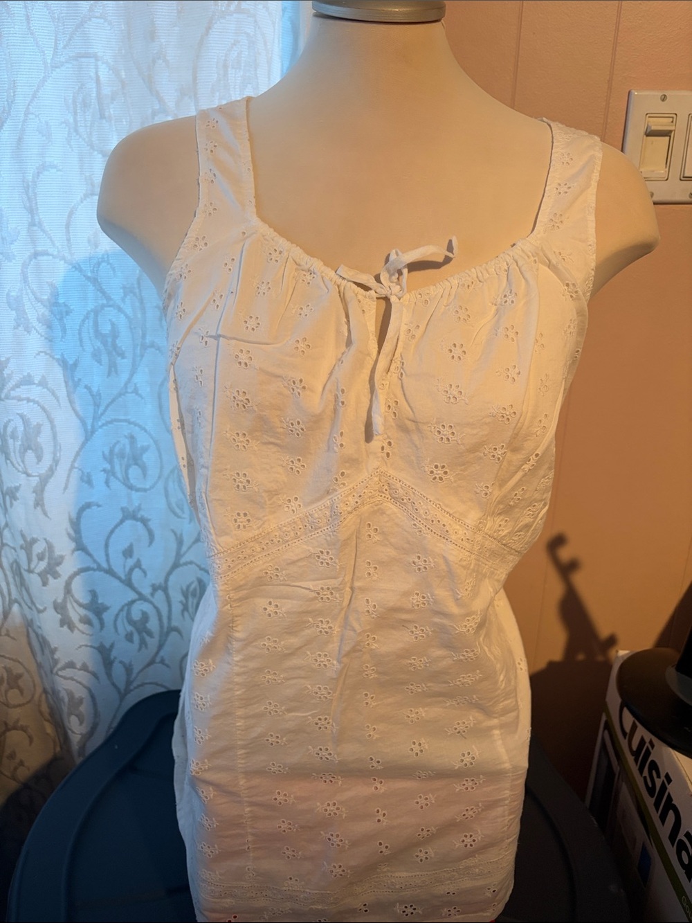 White Eyelet Tank Top with Tie Neck